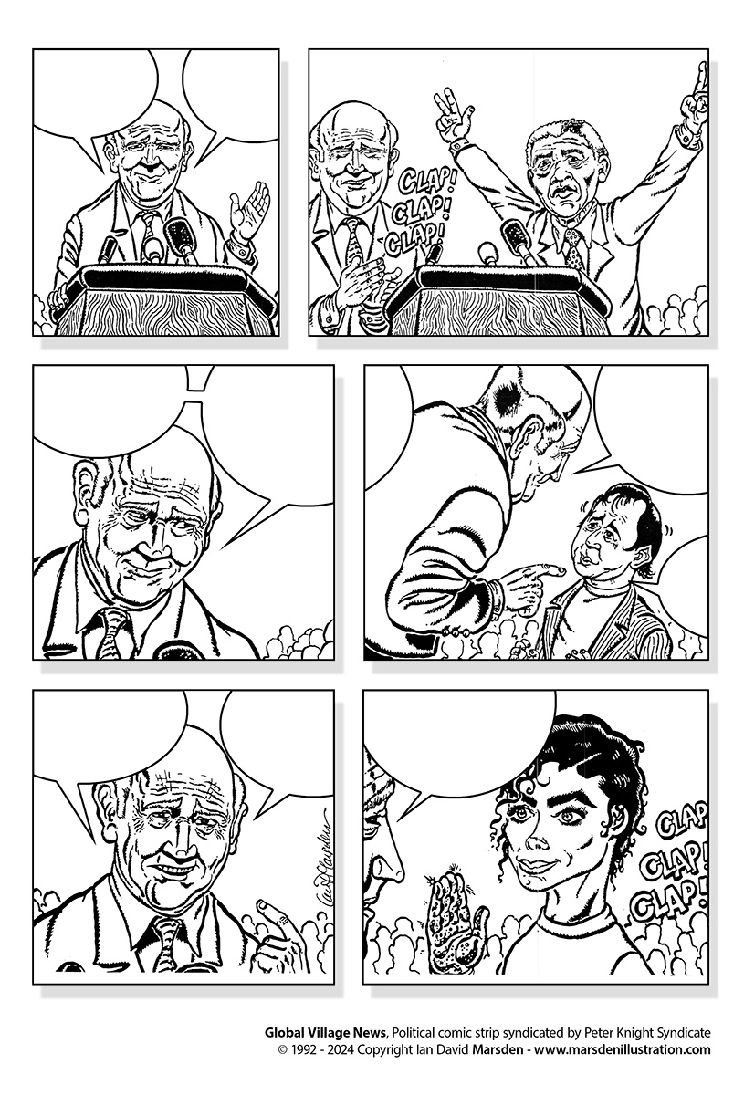Black and white comic strip with speeches, applause, a devil figure, and observing characters.