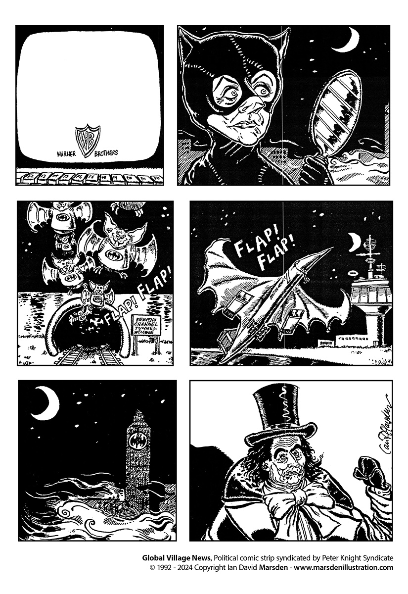 Comic strip with cat figure, bats, Channel Tunnel, bat-winged plane, clock tower, man in hat.