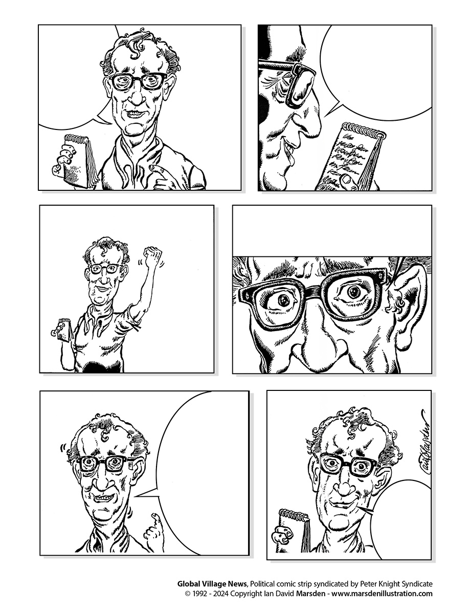 Comic strip with a curly-haired man holding a notepad, showing varied expressions and speech bubbles.