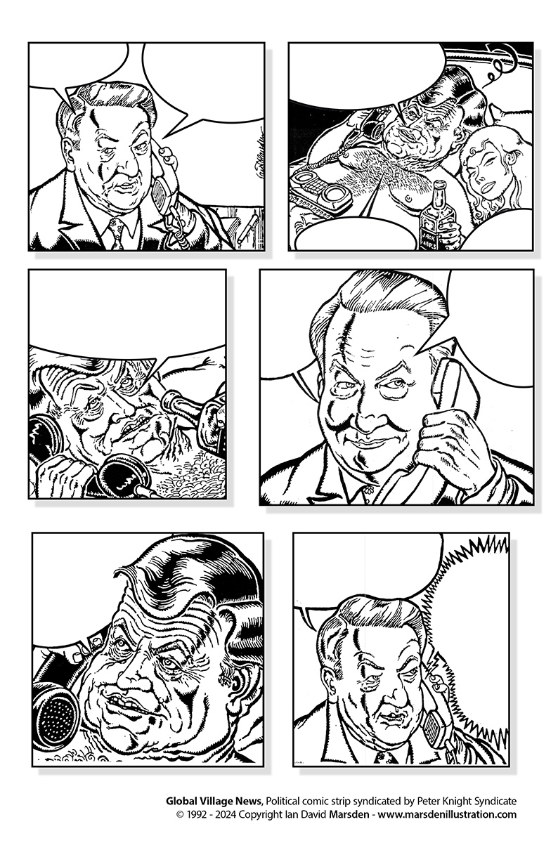 Comic strip of two men on a phone call; one in bed with bottle and woman, both expressive.