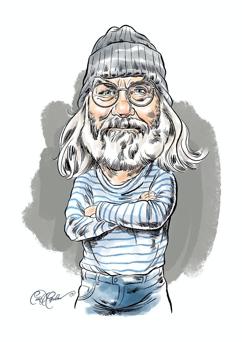 Cartoon portrait of Helmi Sigg, Swiss comedian and author, drawn by Ian David Marsden