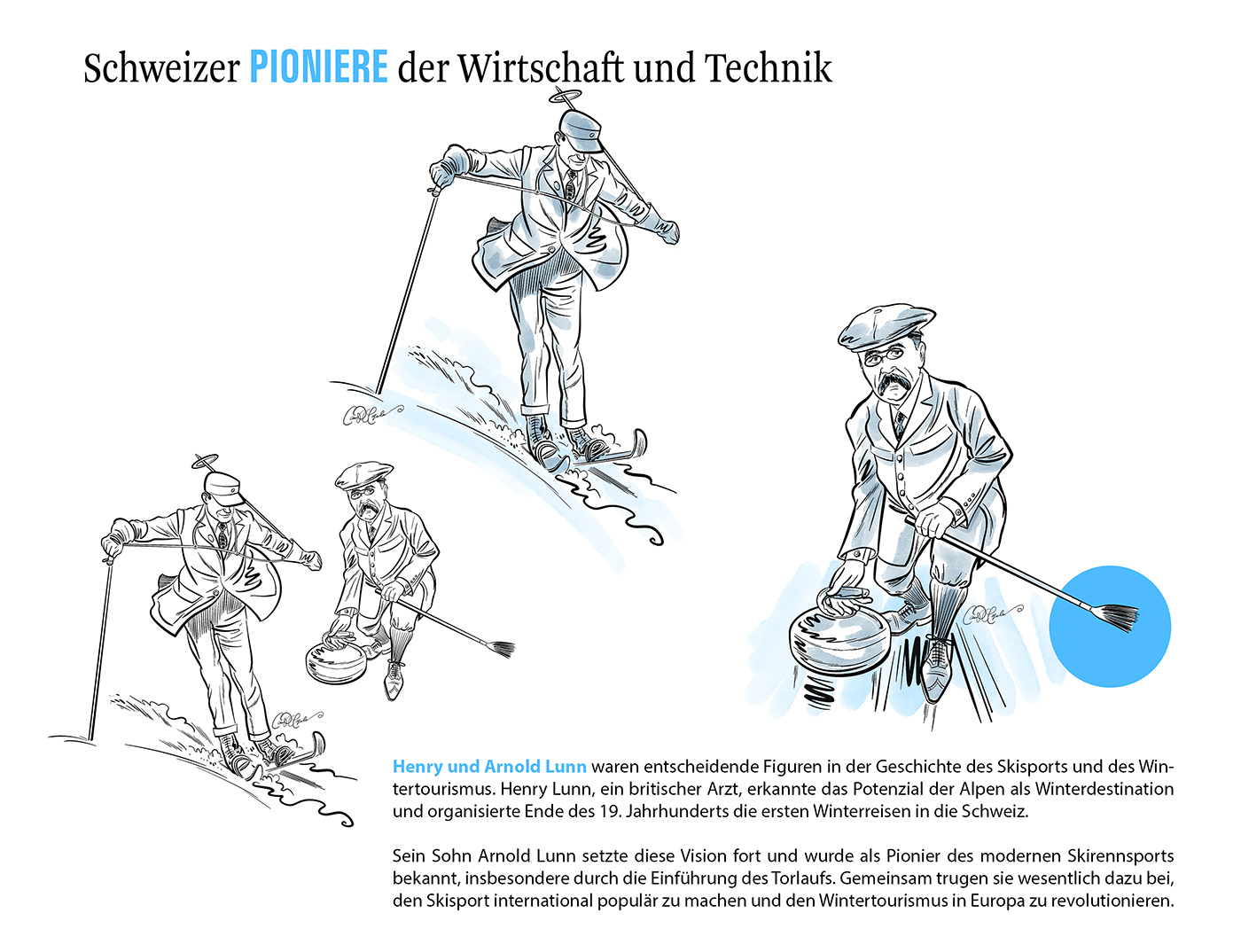 Cartoon illustrations of early skiing pioneers in vintage gear