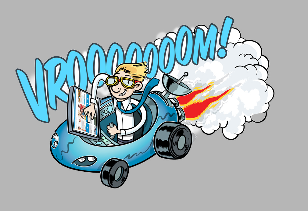 Cartoon character in glasses driving a blue car with fiery exhaust, holding a computer, "VROOOOOM!"