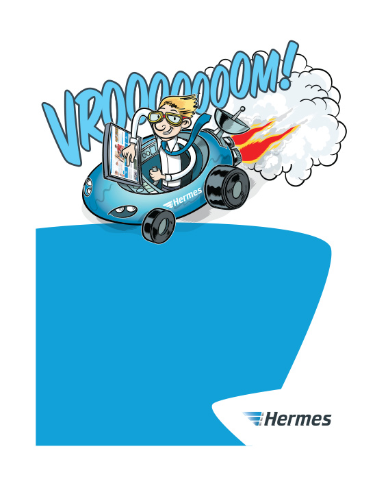 Cartoon of person in futuristic Hermes car, steering excitedly with smoke and flames suggesting speed.