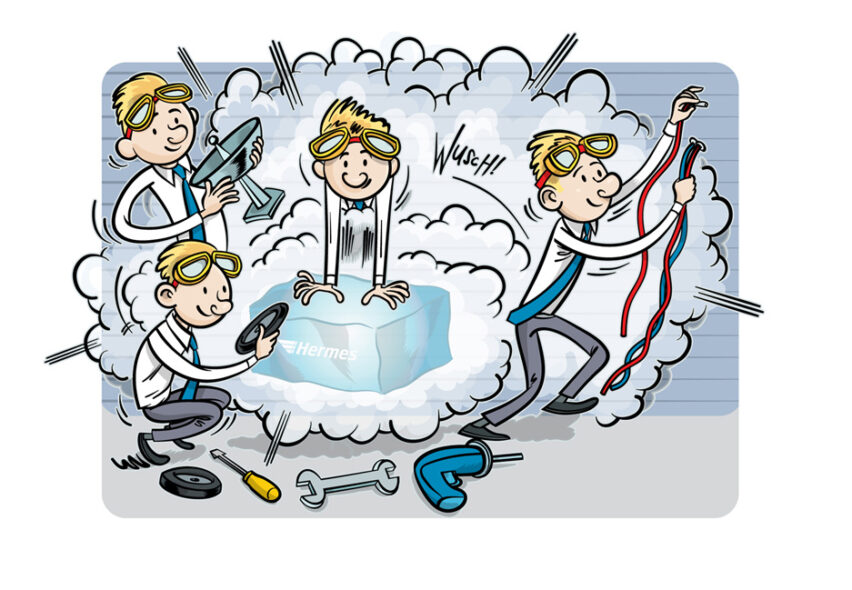 Cartoon characters with tools and goggles around a smoky ice cube labeled "Hermes."