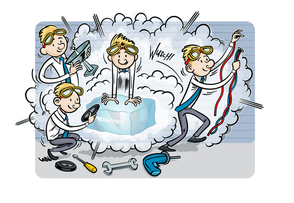 Cartoon characters with tools and goggles around a smoky ice cube labeled "Hermes."