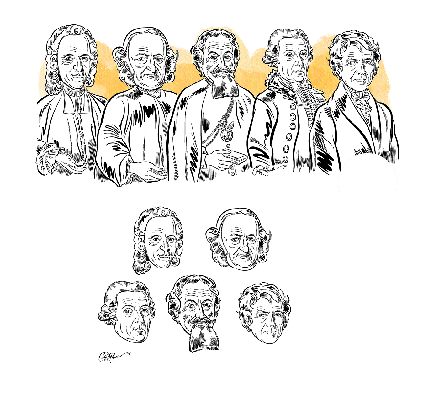 Line drawing of Swiss textile barons and industrialists