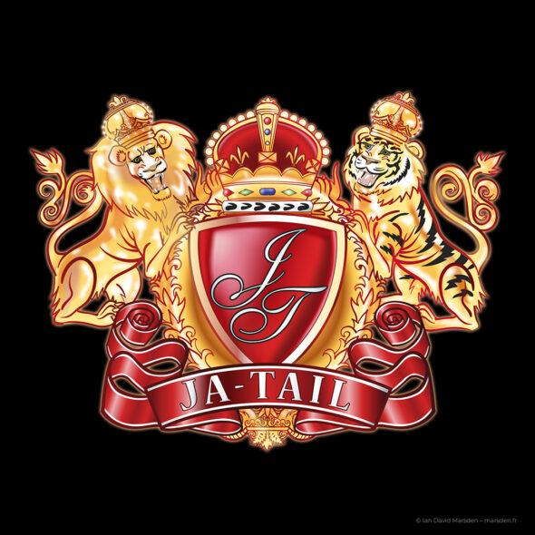 Airbrushed Ja-Tail crest emblem with lion, tiger, red shield, crown and ribbon, designed by Ian David Marsden