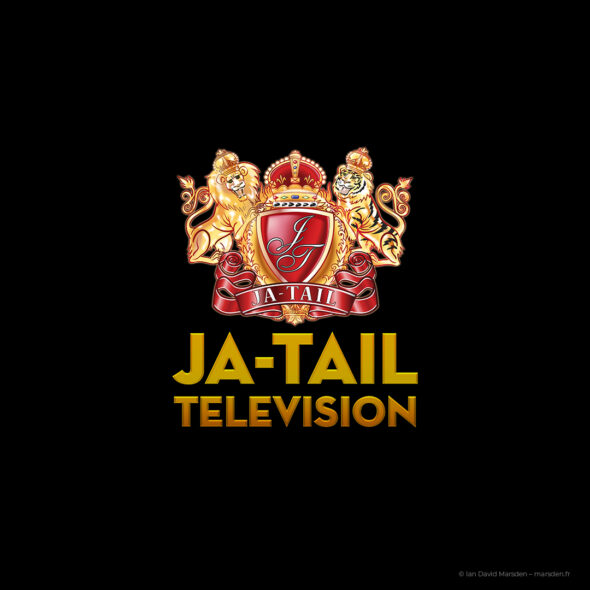 Ja-Tail Television brand logo with crown crest and serif yellow text