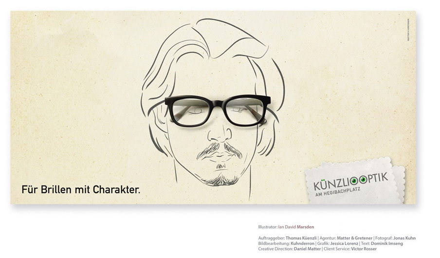 Minimal illustrated male portrait with black-framed eyewear from the Künzli Optik Zürich advertising campaign.