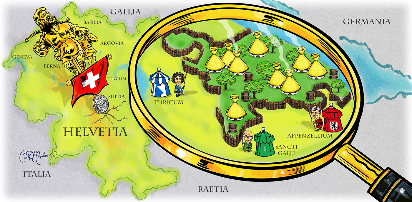 Map of Helvetia with regions Turicum, Sancti Galli, Appenzellium, Gallia, Germania, Raetia.