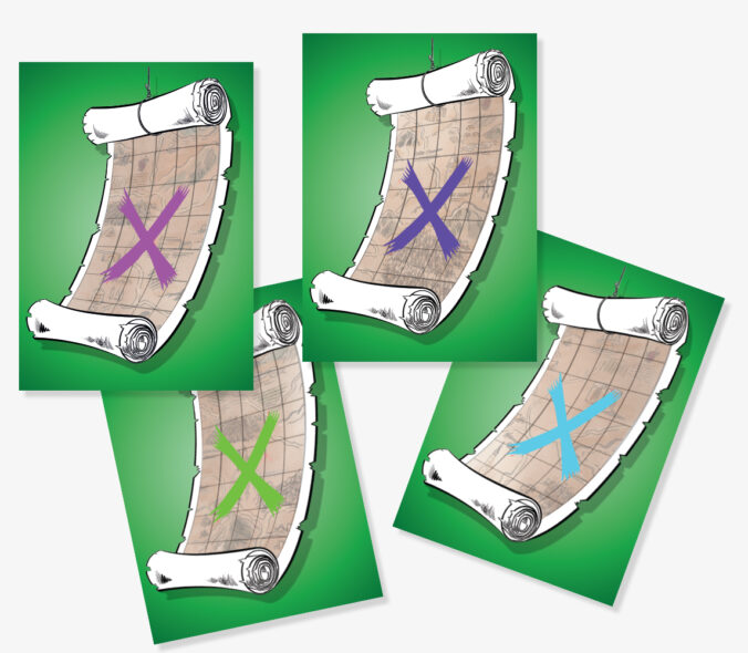 PILLAGE scroll-style cards with map clues and treasure locations