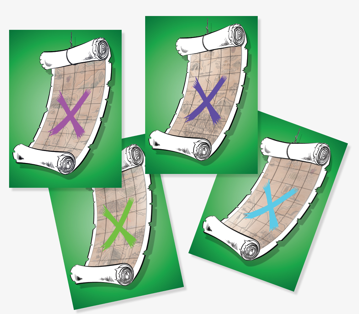 PILLAGE scroll-style cards with map clues and treasure locations