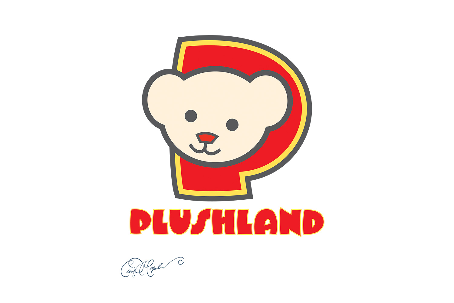 Logo with a teddy bear face inside a red-yellow "P", text "PLUSHLAND" below in bold red.