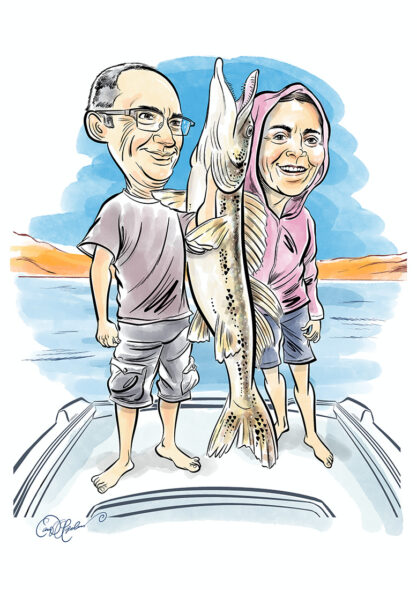 Two people hold a large spotted fish on a boat against a blue sky and sunset horizon.
