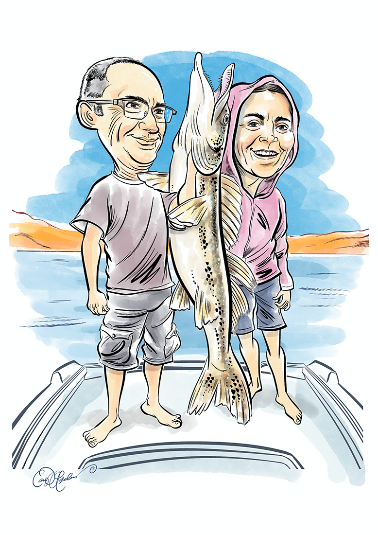 Cartoon of two people holding a large fish on a boat with water in the background.