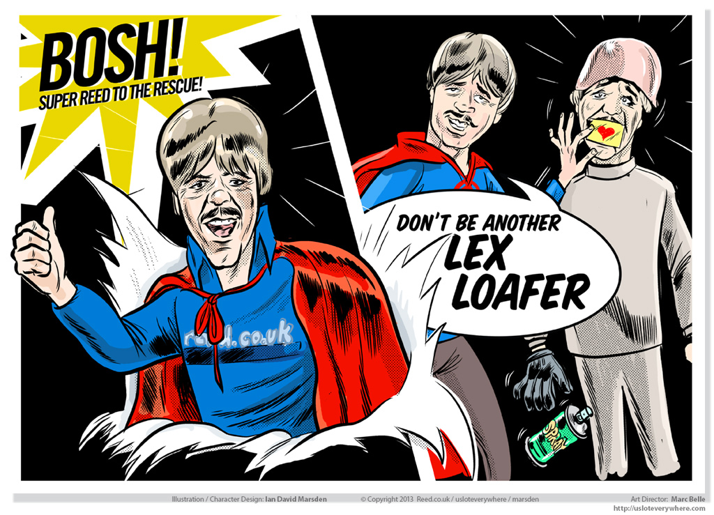 Comic illustration of superhero in red cape with "reed.co.uk" text, figure holding spray can.