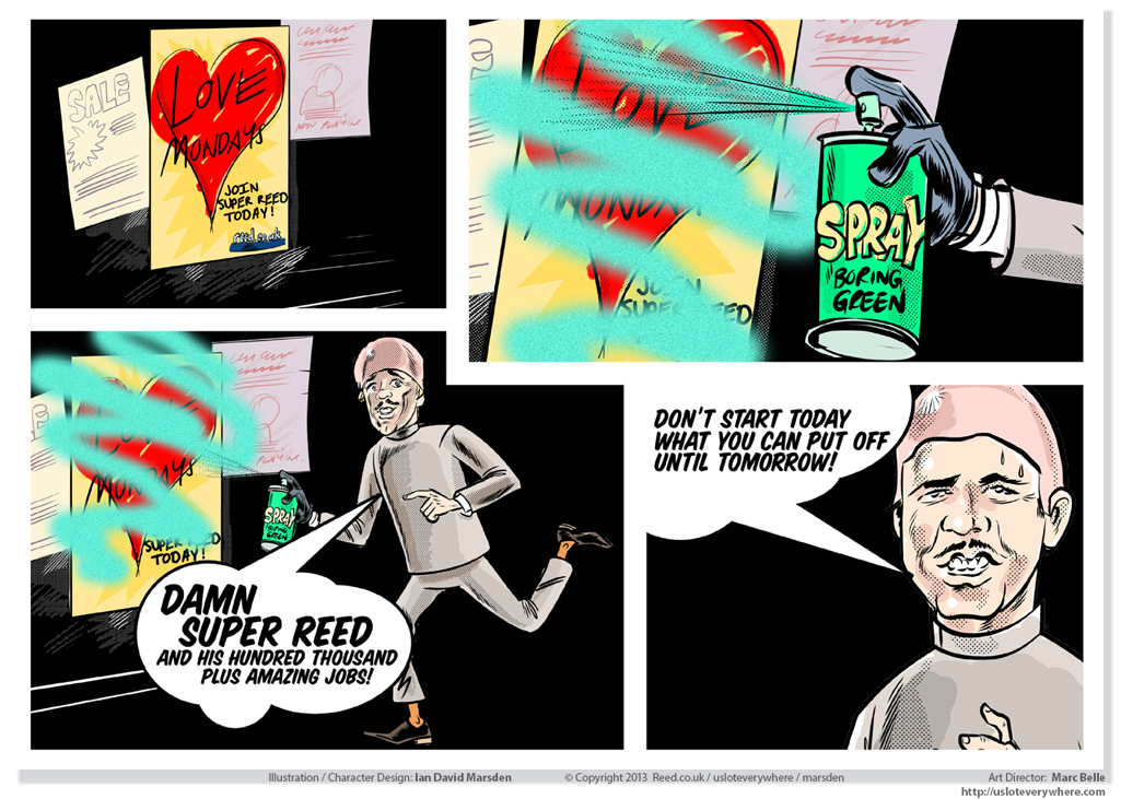 Comic strip with person spray-painting over "Love Mondays" poster, expressing frustration.
