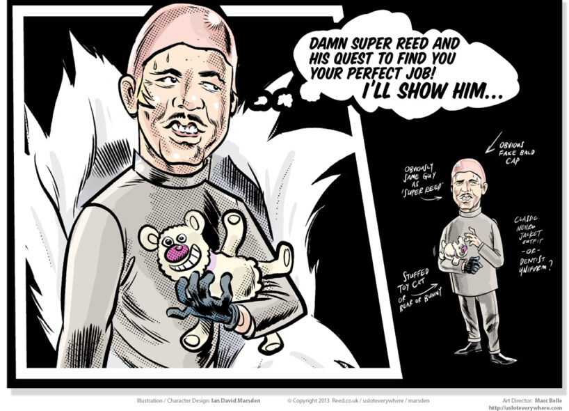 Cartoon character with fake bald cap holding a stuffed toy; expresses frustration in thought bubble.