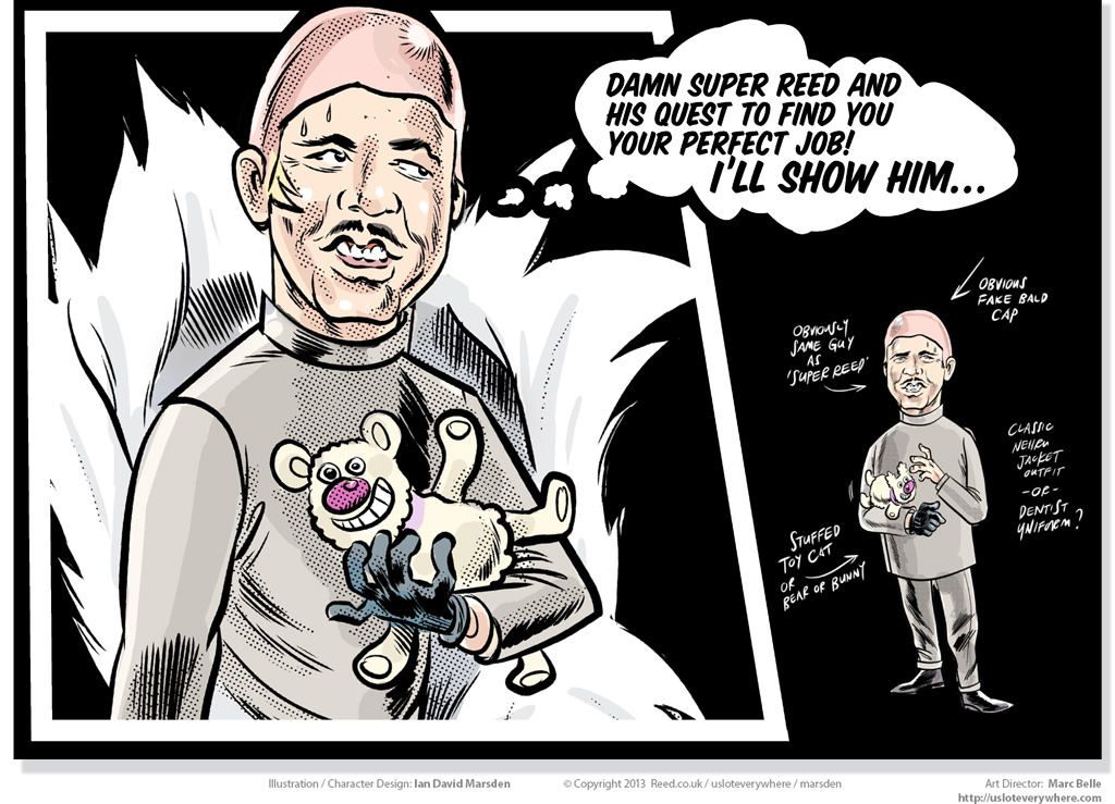 Cartoon character with fake bald cap holding a stuffed toy; expresses frustration in thought bubble.