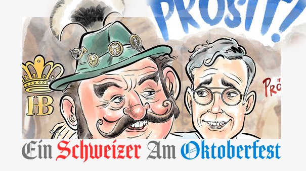 Cartoon of a jovial Bavarian toasting a happy Swiss tourist at Oktoberfest, illustrated by Ian David Marsden.