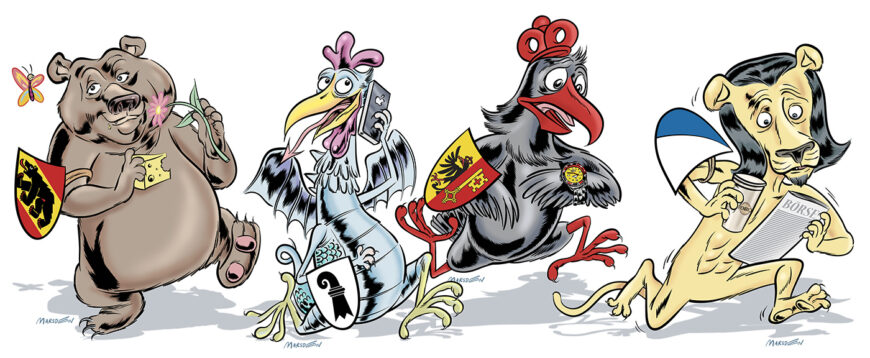 Cartoon version of Swiss heraldic animals with expressive faces