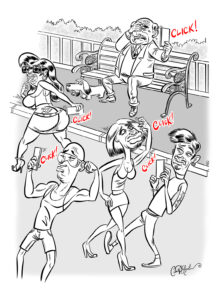 Caricatured people taking selfies in a park with exaggerated features and expressions.