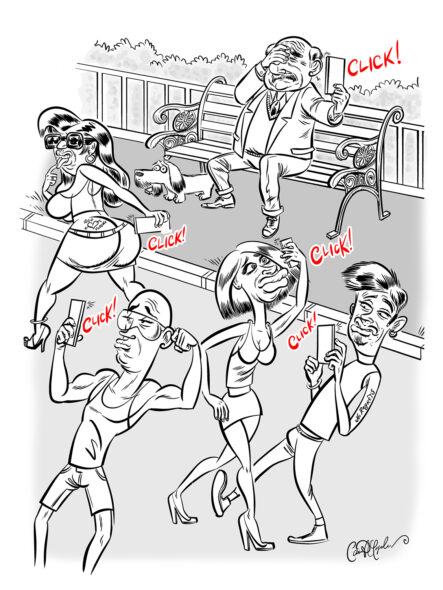 Caricatured people taking selfies in a park with exaggerated features and expressions.