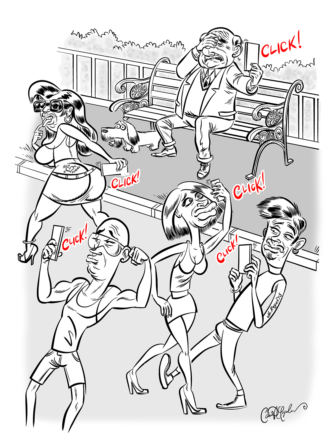 Caricatured people taking selfies in a park with exaggerated features and expressions.