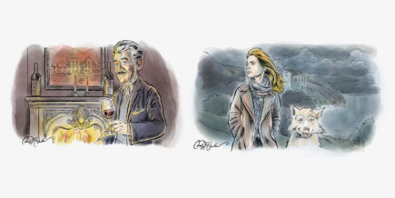 Two illustrations: a château wine scene by the fire and a woman with a wolf in a misty landscape. Drawn by Ian David Marsden.