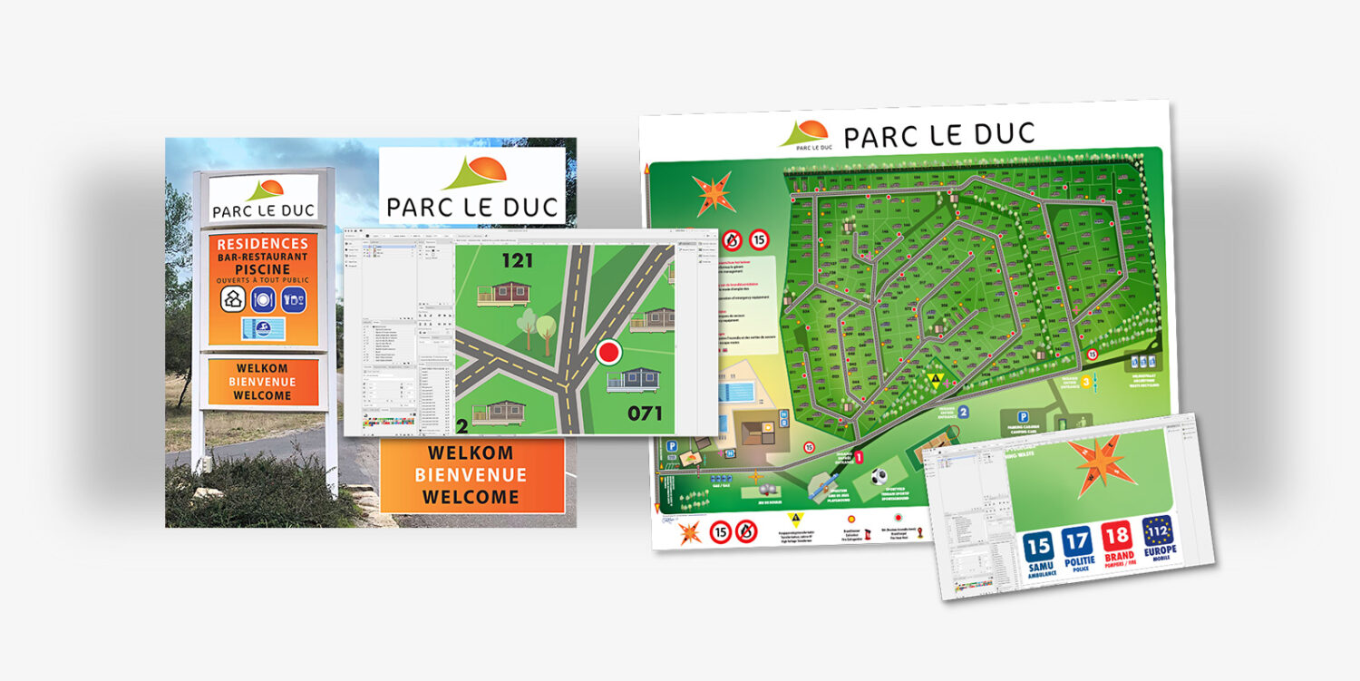 Custom vector illustration map and signage design for Parc Le Duc by Ian David Marsden, including vibrant layouts and directional clarity