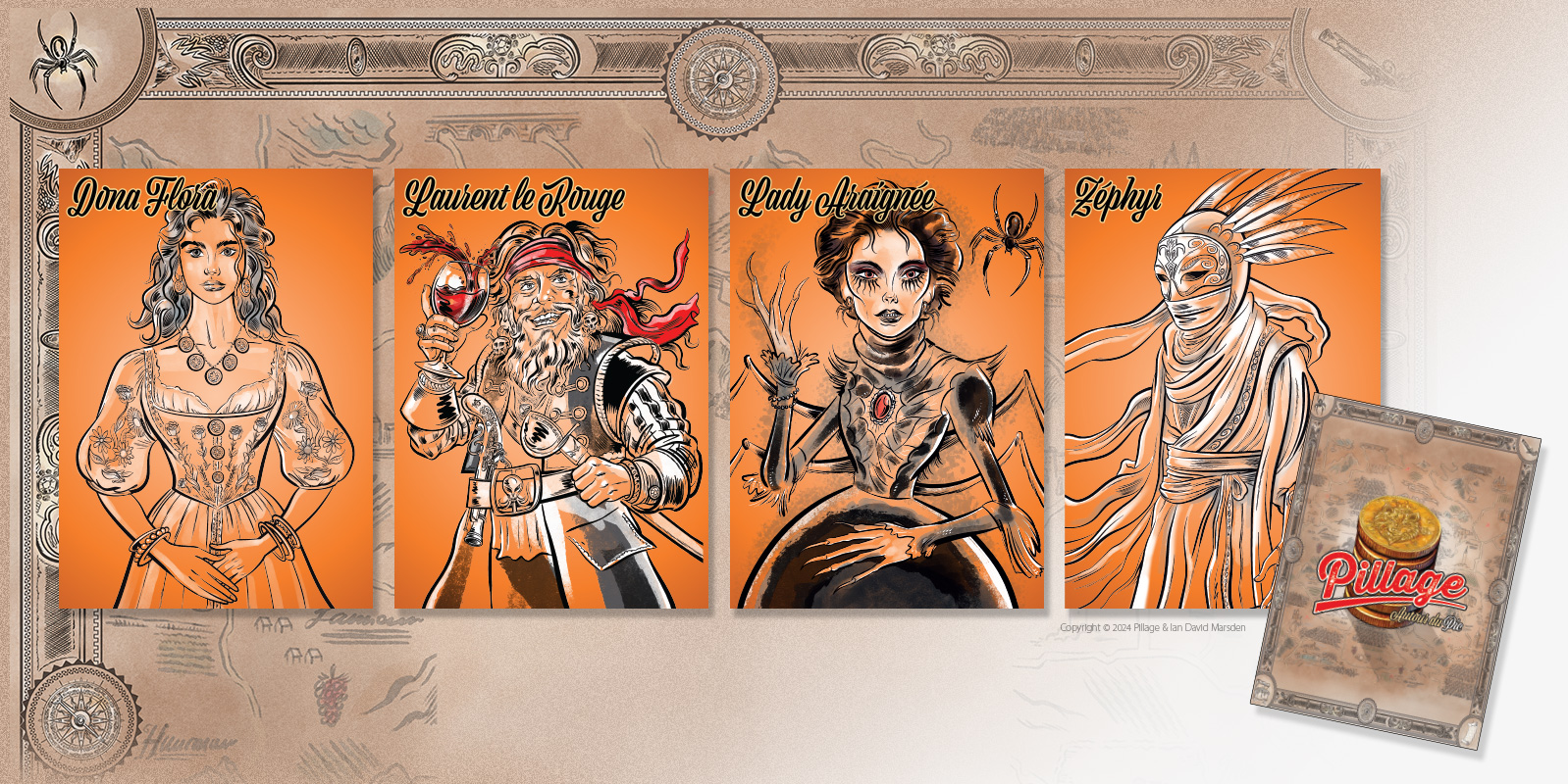 Character designs for Pillage board game, including Dona Flora, Laurent le Rouge, and Lady Araignée by Ian David Marsden, illustrateur Montpellier