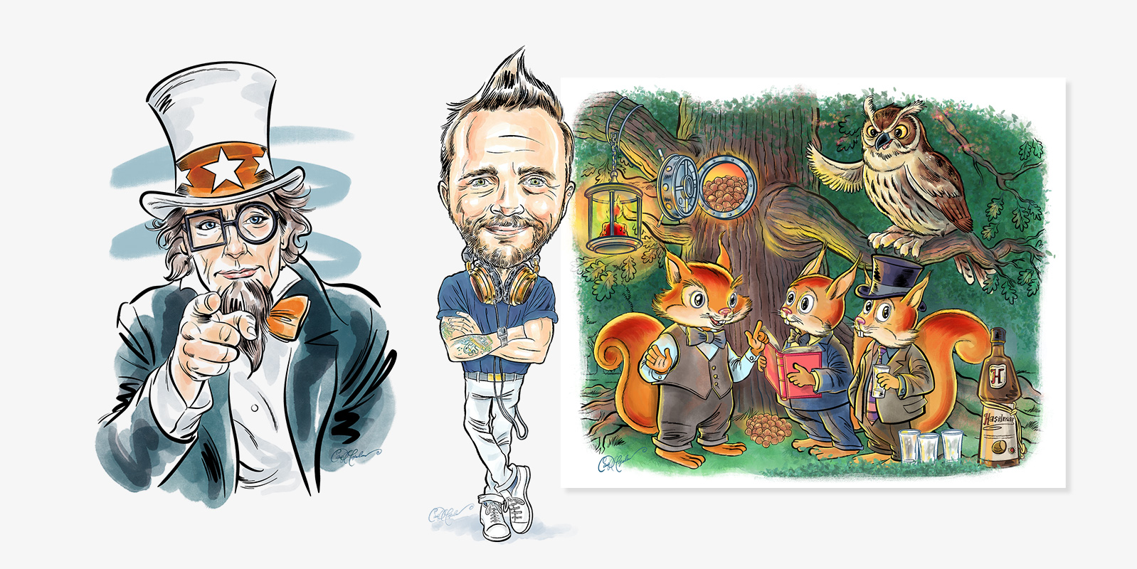 Cartoon artwork by Ian David Marsden featuring a modern update of Uncle Sam, a caricature portrait, and a woodland scene with cartoon squirrels in a children's book illustration style and an owl