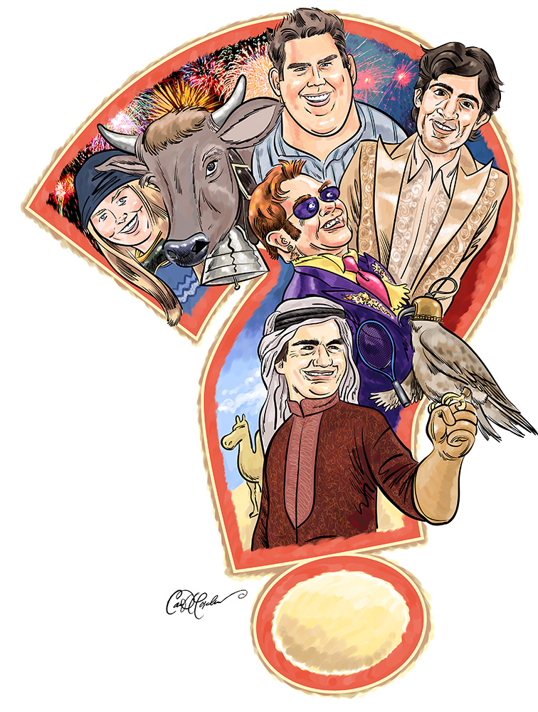 Colorful illustration with figures, cow, camel, and fireworks inside a large question mark.