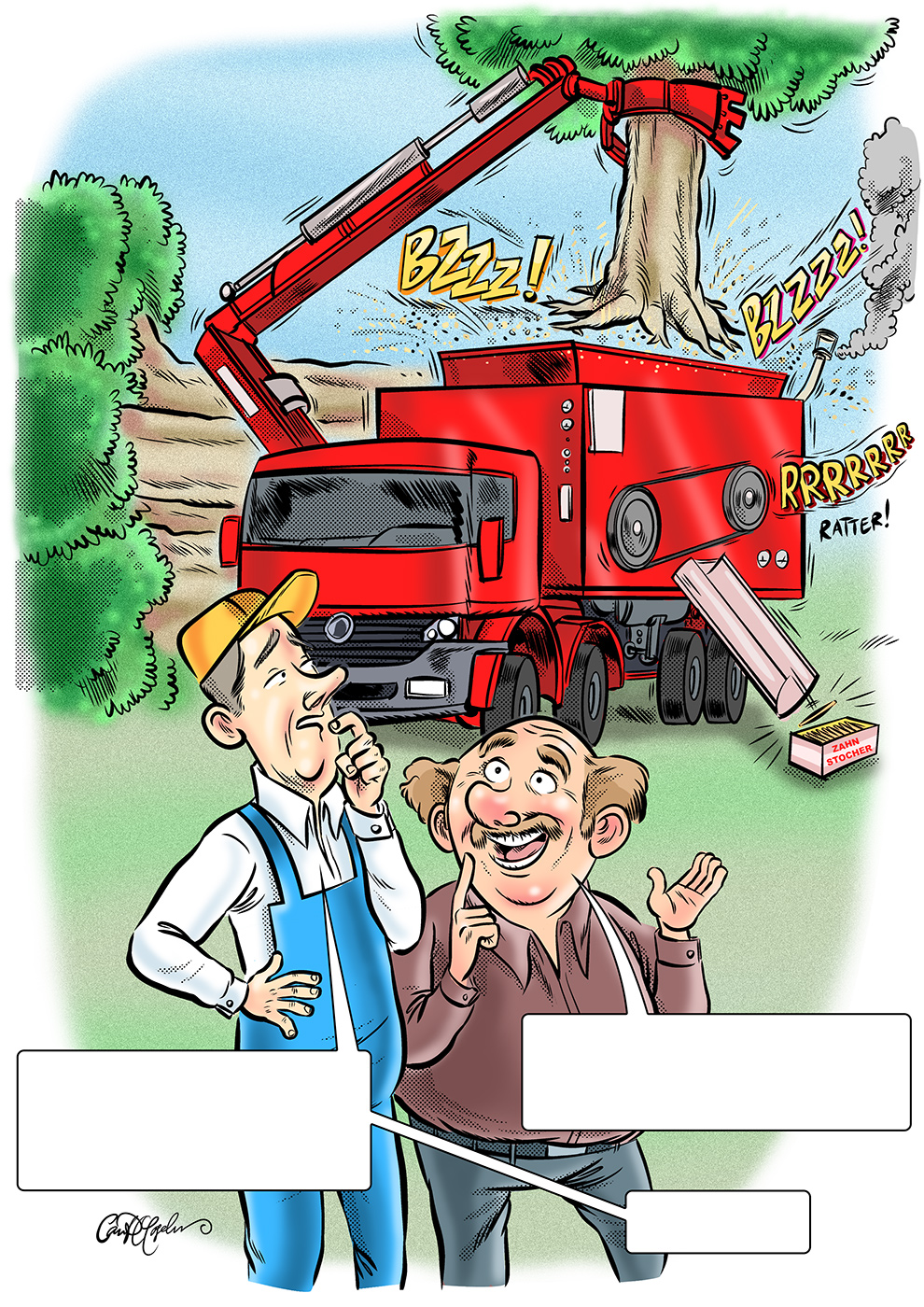 Cartoon of two men by a red truck with a cutting arm, buzzing sounds, and "Zahnstocher" box.