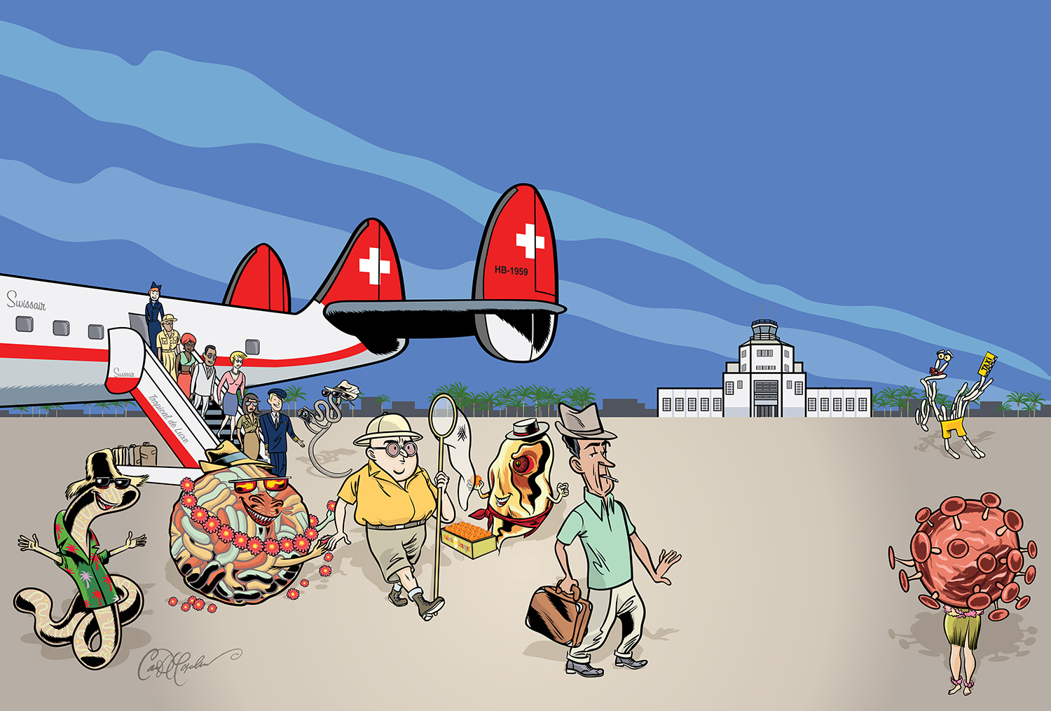 Tourists at tropical airport greeted by viruses and red airplanes