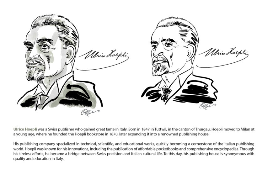 Two portraits of Ulrico Hoepli, Swiss publisher in Italy, known for technical and educational works.