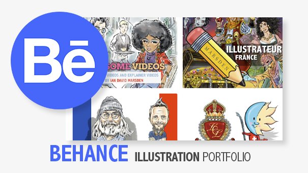 Featured header image for Ian David Marsden’s Behance portfolio, showcasing creative projects like editorial illustrations, explainer videos, cartoonist services, and mascot designs. Based in Montpellier, France.