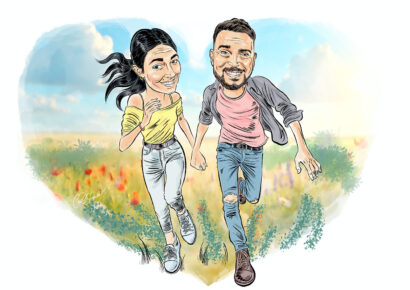 Cartoon portrait of a smiling couple running hand in hand through a field of flowers, illustrated by Ian David Marsden based on photographs