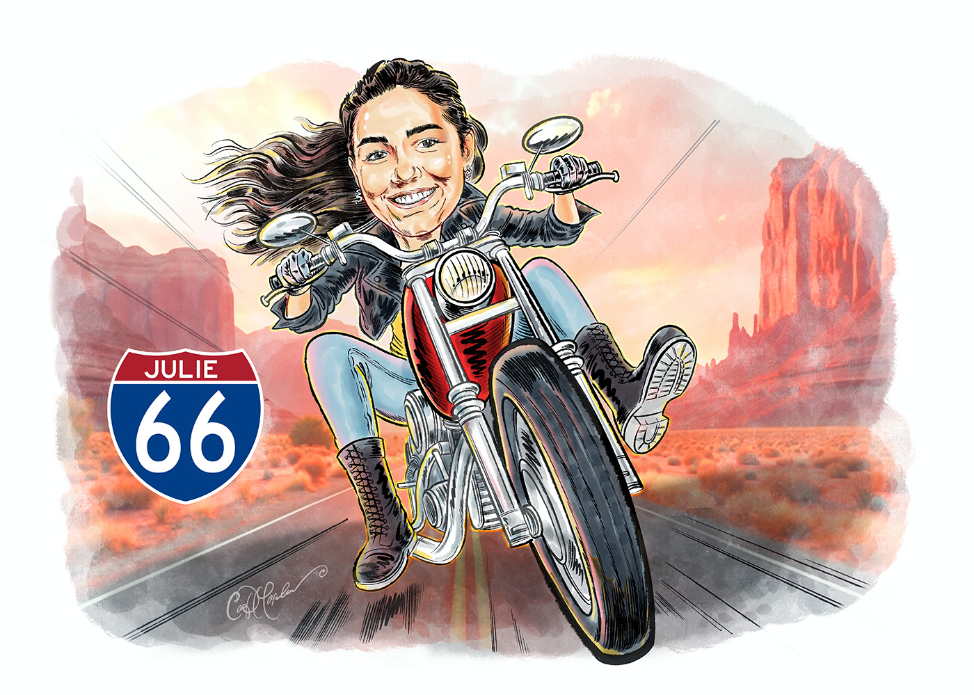 Cartoon portrait of a biker woman riding a motorcycle through red rock scenery, illustrated by Ian David Marsden based on provided photographs