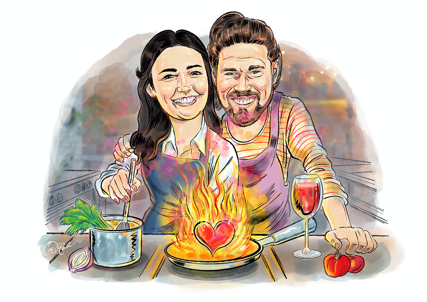 Cartoon portrait of a couple cooking together with a heart-shaped flame in the pan, illustrated by Ian David Marsden