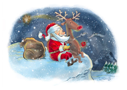 Santa Claus hugging Rudolph in a snowstorm under moonlight, illustrated by Ian David Marsden