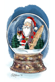 Illustration of Santa Claus inside snow globe with Eiffel Tower