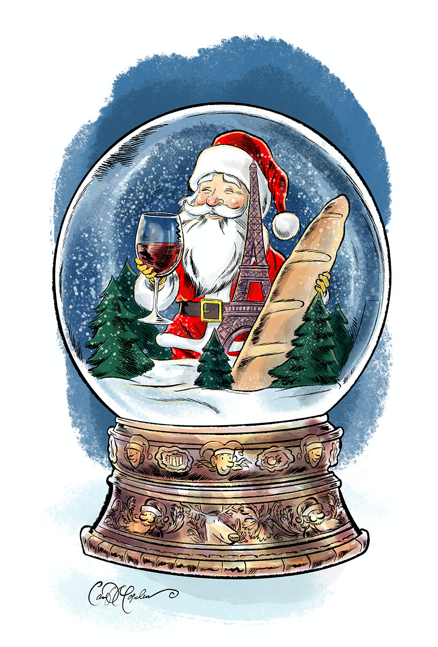 Illustration of Santa Claus inside snow globe with Eiffel Tower