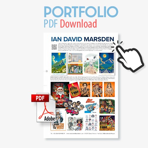 Invitation to download Ian David Marsden’s PDF portfolio showcasing professional illustrations, cartoons, graphic design, and creative projects.