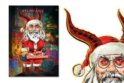 Buchcover von “Zwei Buchstaben” mit Weihnachtsmann und Teufelshörnern, illustriert von Schweizer Illustrator Ian David Marsden.