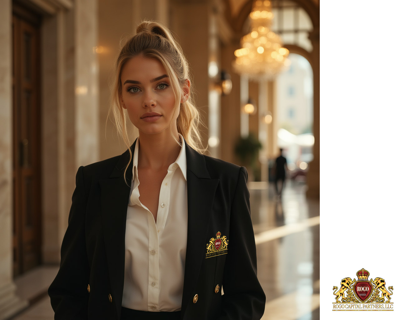 A female brand ambassador for ROGO CAPITAL PARTNERS LLC, wearing a black blazer with the gold crest logo, standing in a luxurious marble interior.