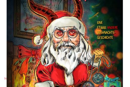 Buchcover von “Zwei Buchstaben” mit weihnachtlicher Szene und mystischen Symbolen, illustriert von Schweizer Illustrator Ian David Marsden.