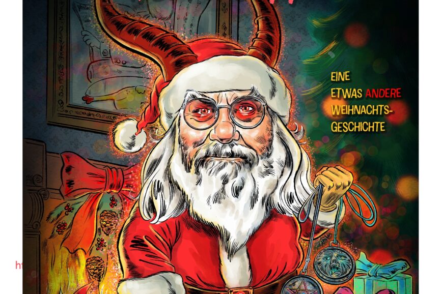 Buchcover von “Zwei Buchstaben” mit weihnachtlicher Szene und mystischen Symbolen, illustriert von Schweizer Illustrator Ian David Marsden.