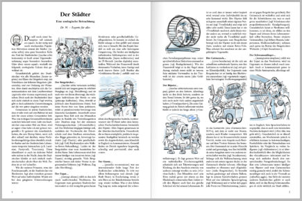 Satirical article with illustrations categorizing urban dwellers like "Bergzürcher" and "Hipster".
